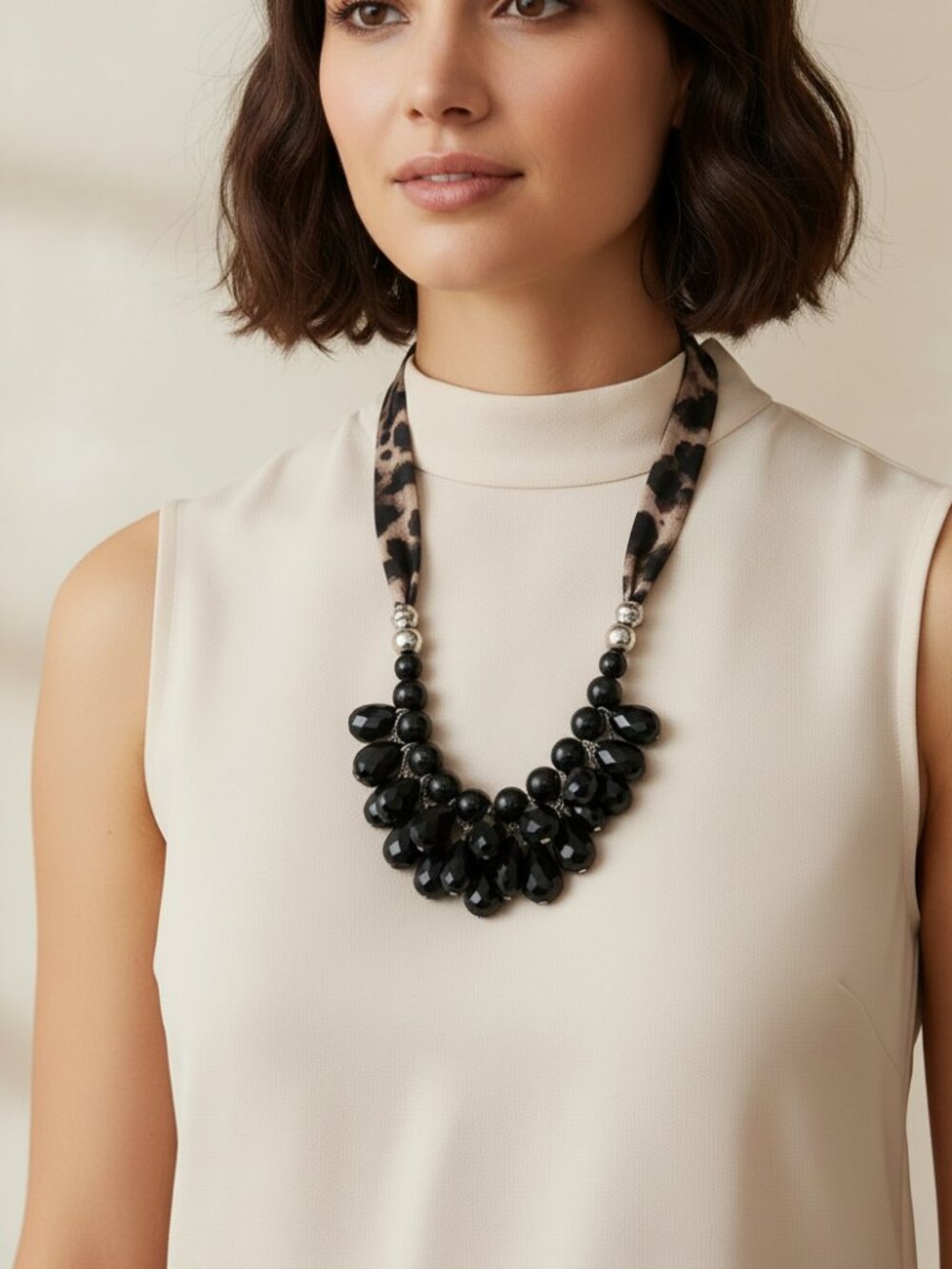 Leopard Black Beaded Statement Necklace Chunky Artsy Animal Print 32" Boho